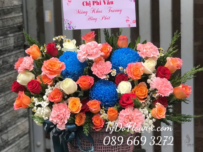 G122239 GIỎ HOA CHÚC MỪNG KHAI TRƯƠNG thiết kế hoa Cúc Mẫu Đơn xanh dương, hoa hồng cam Spirit Roses, cẩm chương hồng, hoa hồng trắng-đỏ, hoa lá phụ