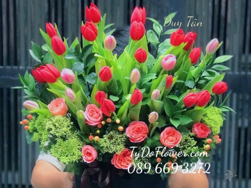 G0523676 GIỎ HOA TULIP ĐỎ HỒNG Hoa Chúc Mừng