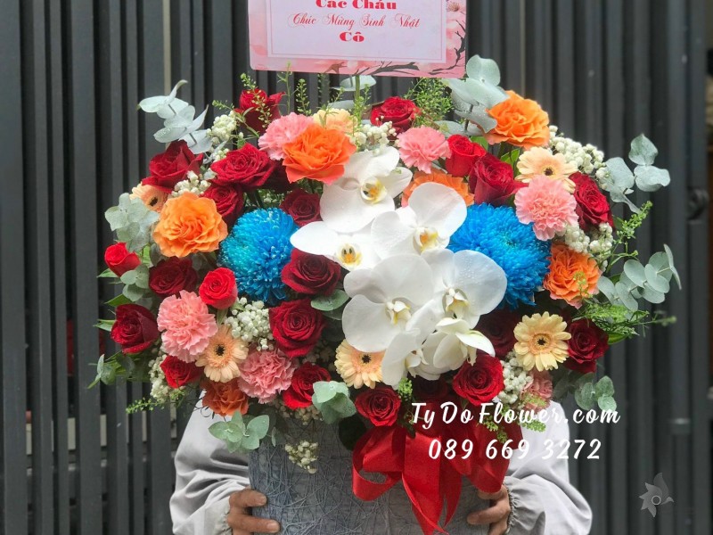 G10231054 GIỎ HOA CHÚC MỪNG SINH NHẬT - thiết kế Hoa Hồng Đỏ Ecuador, Cam Spirit Roses, Cẩm Chướng Hồng điểm nhấn Cúc Mẫu Đơn Xanh, Lan Hồ Điệp Trắng mix Đồng Tiền Mini Cam, Cỏ Đồng Tiền, Baby Trắng, Lá Bạc