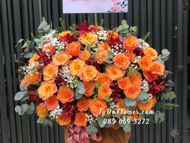 G11231173 GIỎ HOA CHÚC MỪNG KHAI TRƯƠNG thiết kế hoa hồng cam Spirit Roses, hoa lan đỏ