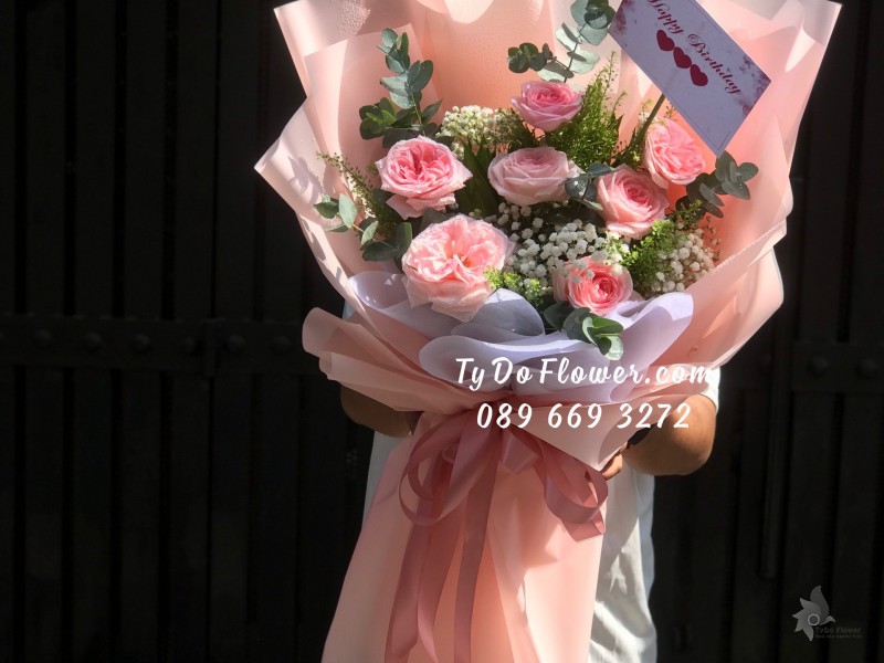 B06241667 BÓ HOA CHÚC MỪNG SINH NHẬT thiết kế Hoa Hồng Pink Ohara Roses