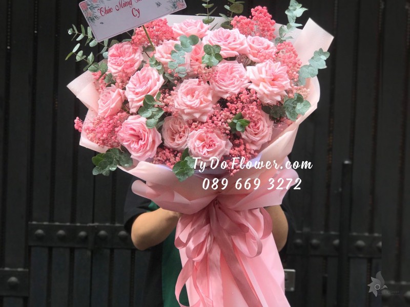 B07241689 BÓ HOA CHÚC MỪNG SINH NHẬT thiết kế Hoa Hồng Ohara Pink Roses