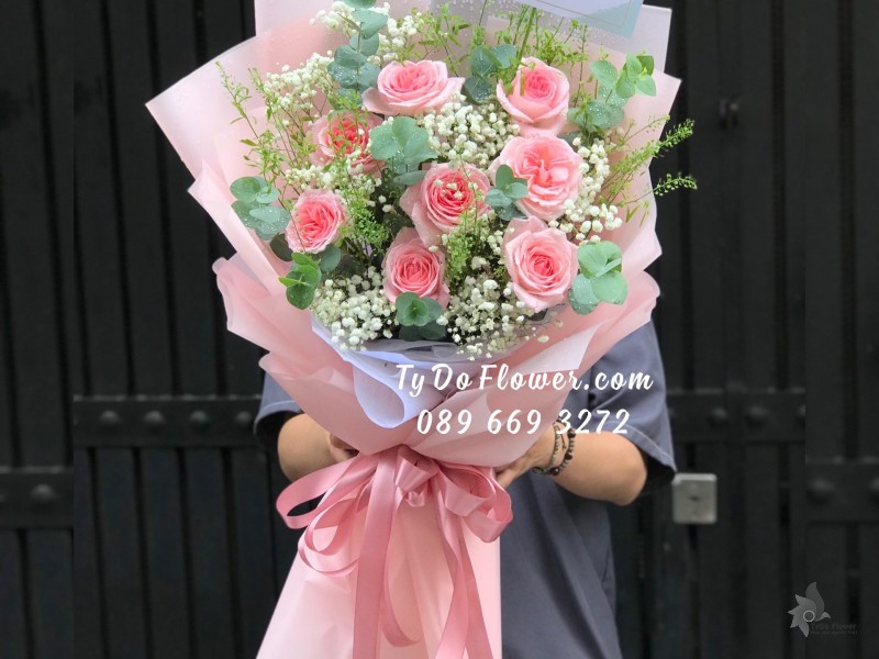 B07241713 BÓ HOA CHÚC MỪNG SINH NHẬT thiết kế Hoa Hồng Pink Ohara Roses