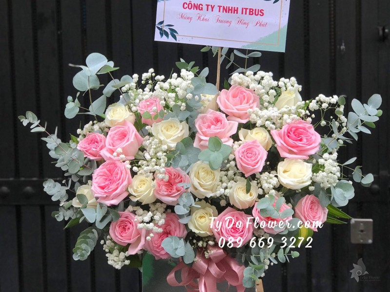 G07241721 GIỎ HOA CHÚC MỪNG KHAI TRƯƠNG HỒNG PHÁT thiết kế Hoa Hồng Ohara Pink Roses, Hoa Hồng Trắng