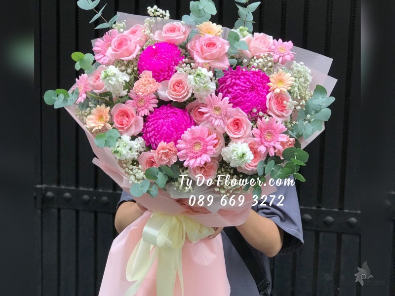 B07241743 BÓ HOA CHÚC MỪNG thiết kế Hoa Hồng Ohara Pink Roses, Cúc Mẫu Đơn Hồng