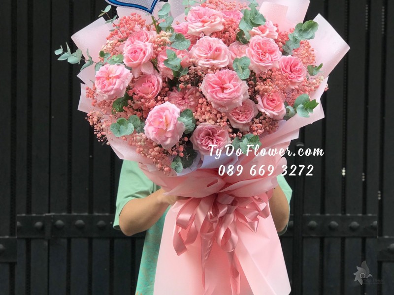 B08241747 BÓ HOA CHÚC MỪNG SINH NHẬT thiết kế Hoa Hồng Pink Ohara Roses