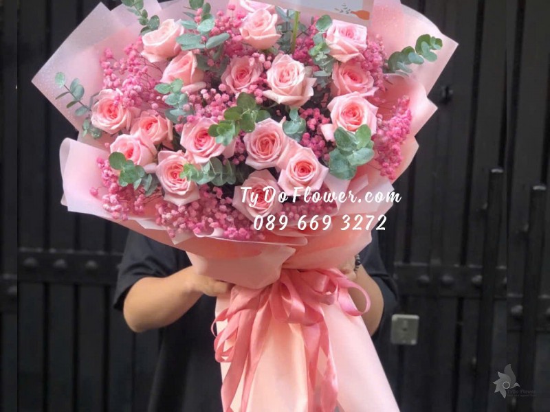 B08241764 BÓ HOA CHÚC MỪNG TỐT NGHIỆP thiết kế Hoa Hồng Pink Ohara Roses