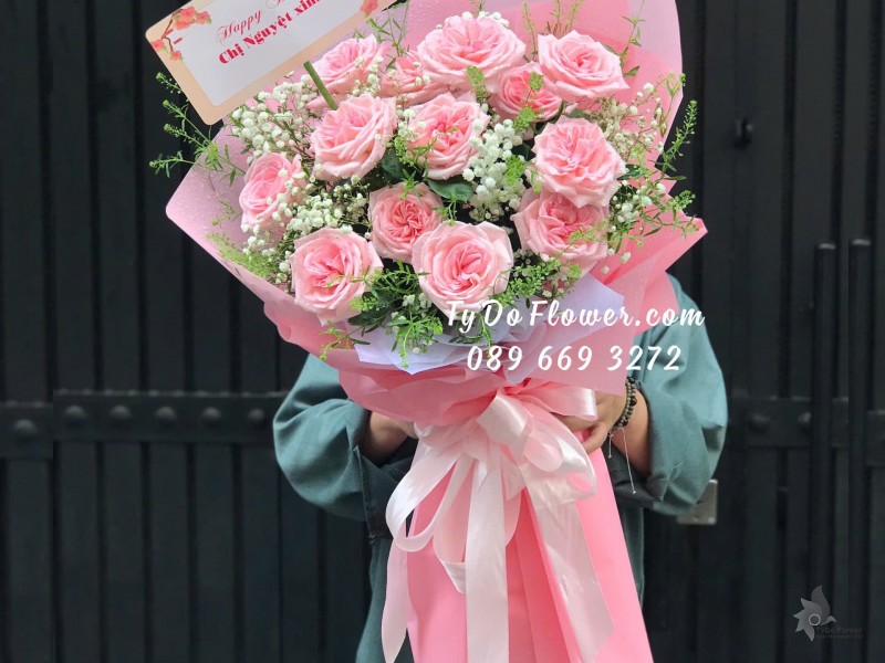 B08241771 BÓ HOA HAPPY BIRTHDAY thiết kế Hoa Hồng Pink Ohara Roses