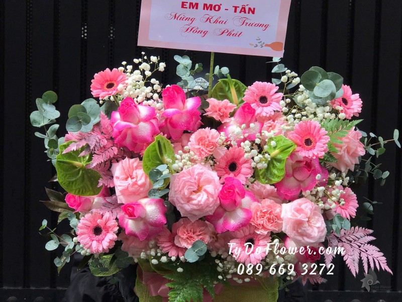 G09241826 GIỎ HOA MỪNG KHAI TRƯƠNG HỒNG PHÁT Thiết kế tông màu hồng sen, chủ đạo Hoa Hồng Sen Phật, Hoa Hồng Pink Ohara