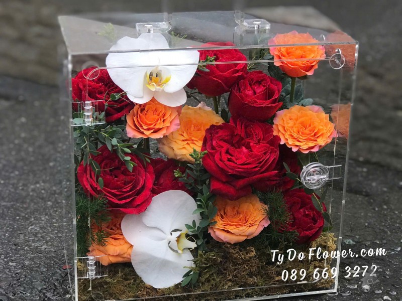 G09241888 HỘP QUÀ HOA TƯƠI CAO CẤP Thiết Kế Giỏ Mica, chủ đạo Hoa Hồng Đỏ Red Ohara, Cam Spirit Roses