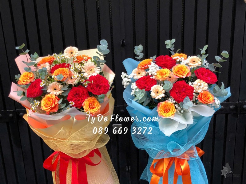 B10241936 Đặt từ 02 BÓ HOA CHÚC MỪNG Thiết kế Hoa Hồng Ohara Red Roses, Cam Spirit Roses