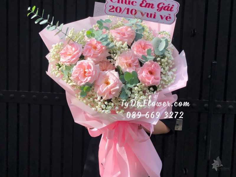 B10241993 BÓ HOA CHÚC MỪNG EM GÁI NGÀY PHỤ NỮ VN 20-10 thiết kế Hoa Hồng Pink Ohara Rose