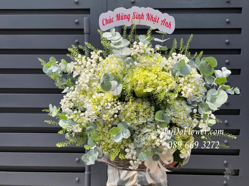G0425307 GIỎ HOA CHÚC MỪNG SINH NHẬT ANH Thiết kế Hoa Cẩm Tú Cầu Xanh Bơ, Baby Trắng