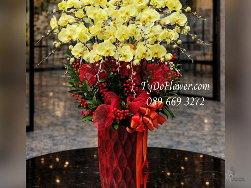 L0126002 CHẬU 22 CÀNH LAN HỒ ĐIỆP VÀNG CHANH Thiết kế phụ kiện trang trí cao cấp