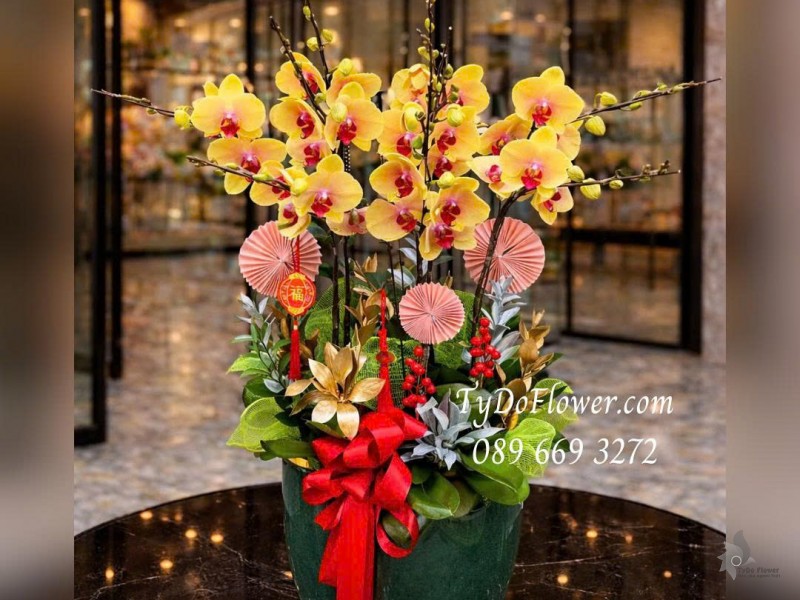 L0126005 CHẬU 09 CÀNH LAN HỒ ĐIỆP VÀNG Thiết kế phụ kiện trang trí cao cấp chủ đề Tết Chúc Mừng Năm Mới