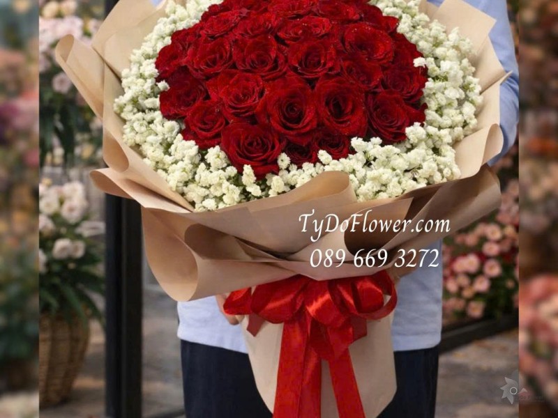 B0126060 Bó Hoa Hồng Đỏ Ecuador, Baby Trắng