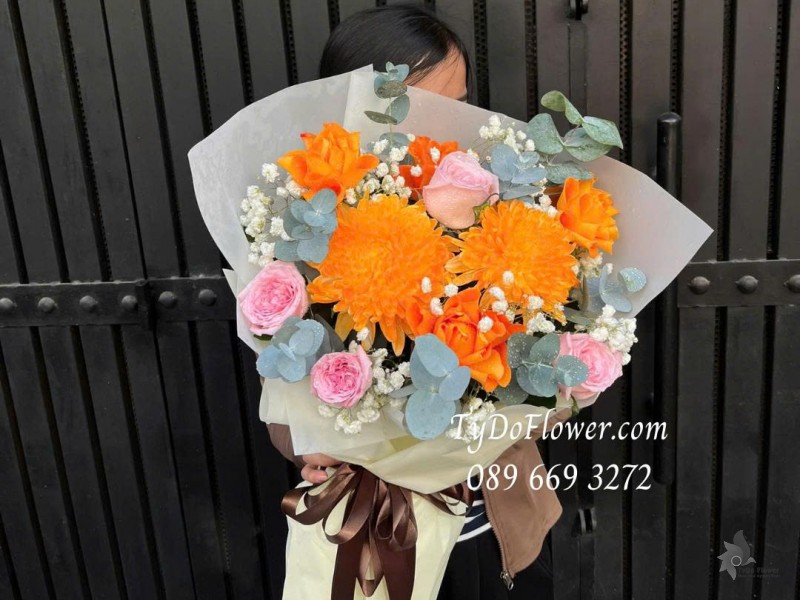 B0226143 ĐẶT TỪ 03 BÓ HOA HỒNG CAM Thiết kế hoa hồng, cúc