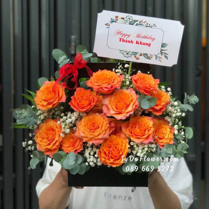 GIỎ HOA CHÚC MỪNG SINH NHẬT thiết kế Hoa Hồng Cam Spirit Roses