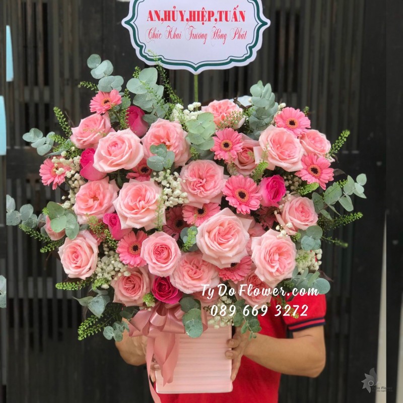 G11231103 GIỎ HOA CHÚC MỪNG KHAI TRƯƠNG HỒNG PHÁT thiết kế chủ đạo hoa hồng ngoại Ohara Pink Roses