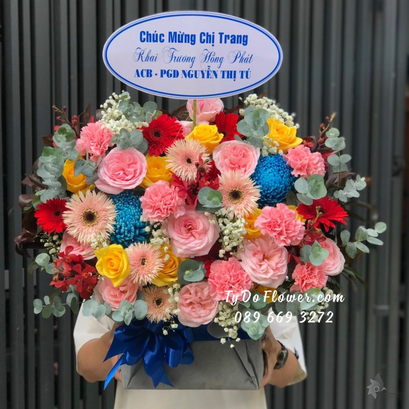 G12231203 GIỎ HOA CHÚC MỪNG KHAI TRƯƠNG HỒNG PHÁT thiết kế chủ đạo Hoa Hồng Ohara Pink Roses, Cúc Mẫu Đơn Xanh
