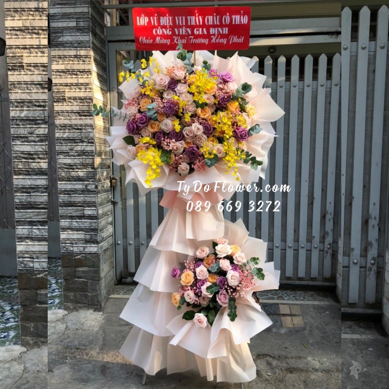 KCM01241325 KỆ HOA CHÚC MỪNG Khai Trương Hồng Phát, thiết kế tone màu hồng tím