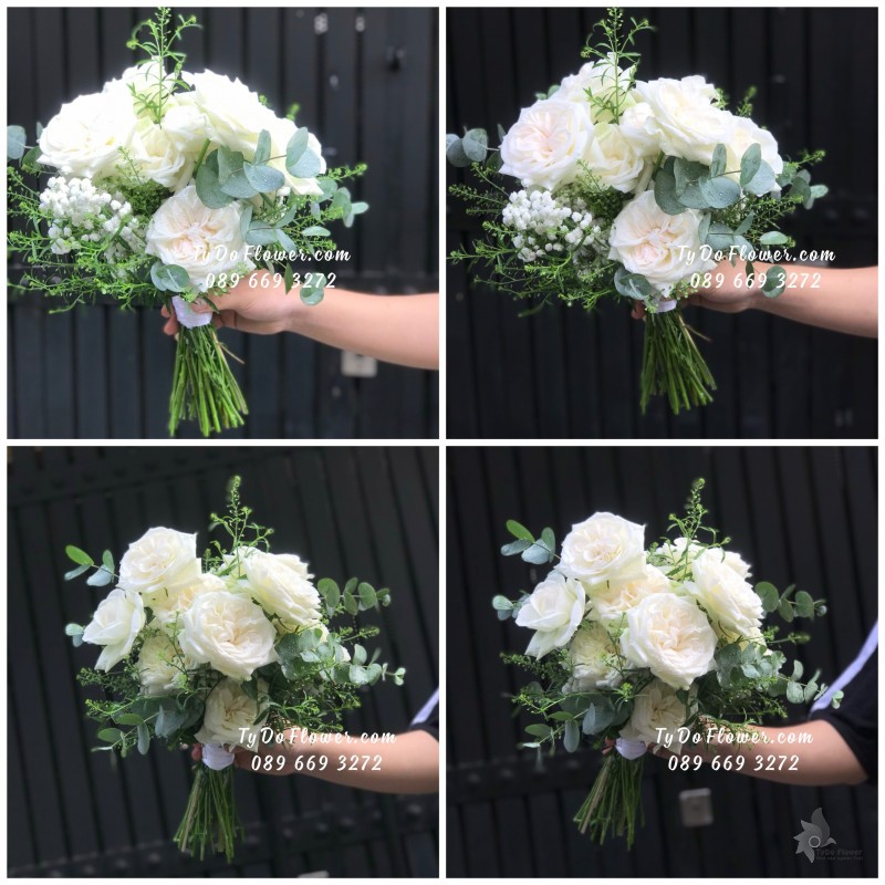 B05241564 BÓ HOA CƯỚI Hoa Cầm Tay Cô Dâu Thiết Kế Hoa Hồng Trắng White Ohara Roses