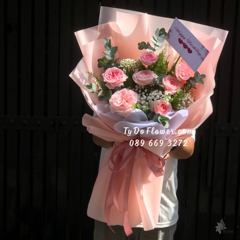 B06241667 BÓ HOA CHÚC MỪNG SINH NHẬT thiết kế Hoa Hồng Pink Ohara Roses