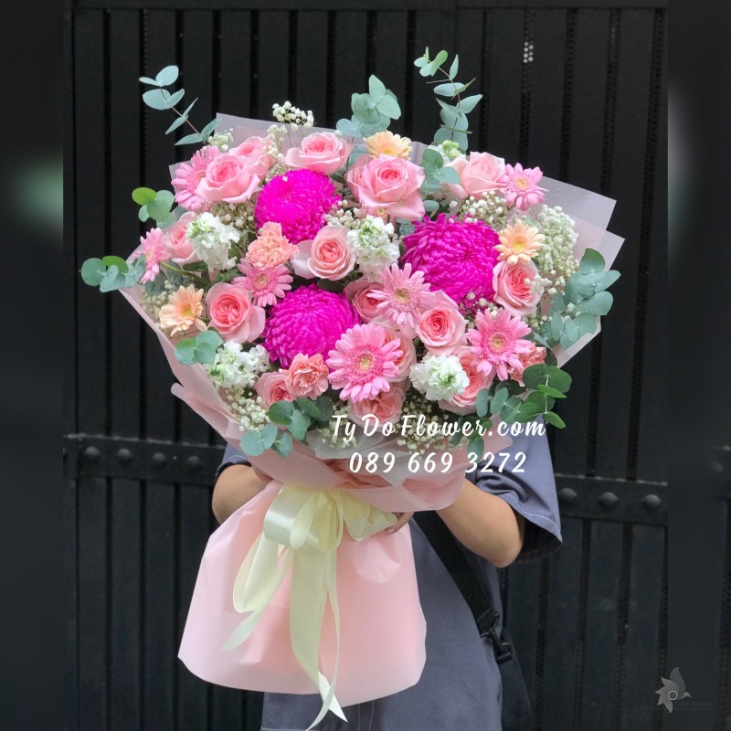 B07241743 BÓ HOA CHÚC MỪNG thiết kế Hoa Hồng Ohara Pink Roses, Cúc Mẫu Đơn Hồng