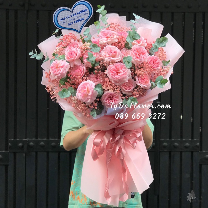 B08241747 BÓ HOA CHÚC MỪNG SINH NHẬT thiết kế Hoa Hồng Pink Ohara Roses