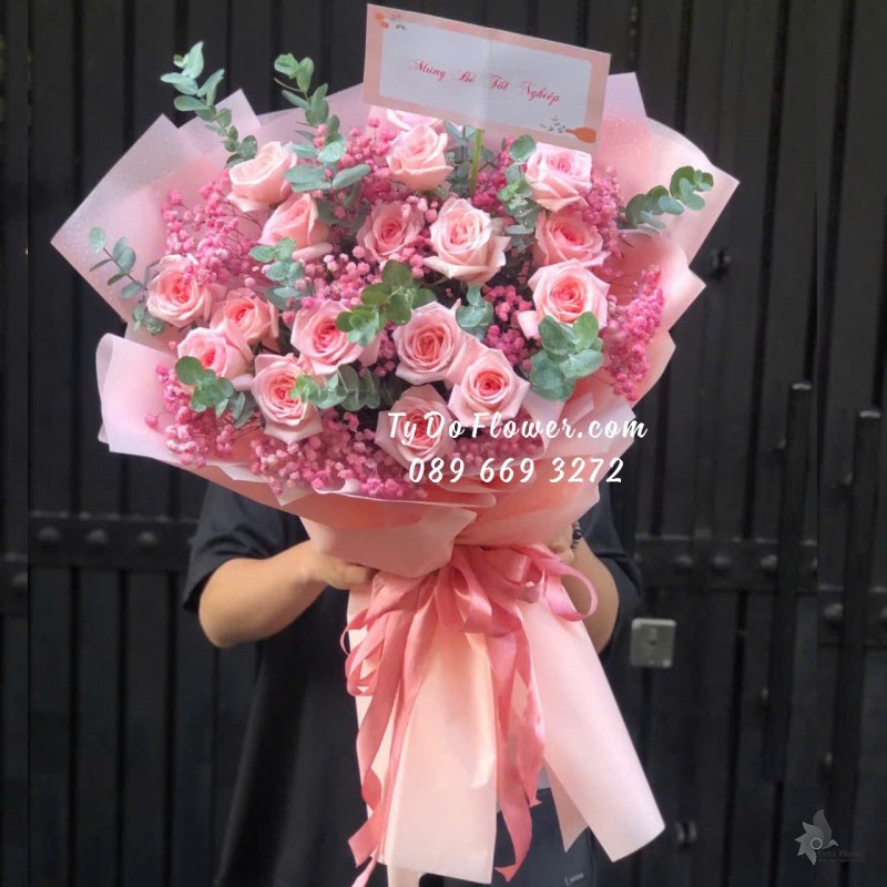 B08241764 BÓ HOA CHÚC MỪNG TỐT NGHIỆP thiết kế Hoa Hồng Pink Ohara Roses