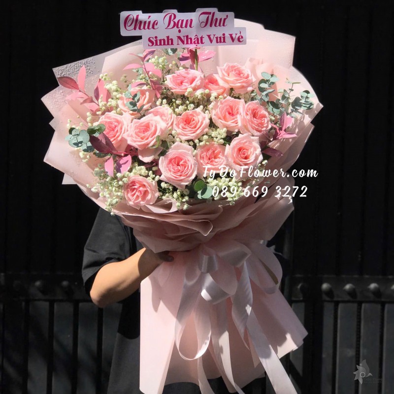 B08241765 BÓ HOA CHÚC MỪNG SINH NHẬT thiết kế Hoa Hồng Pink Ohara Roses