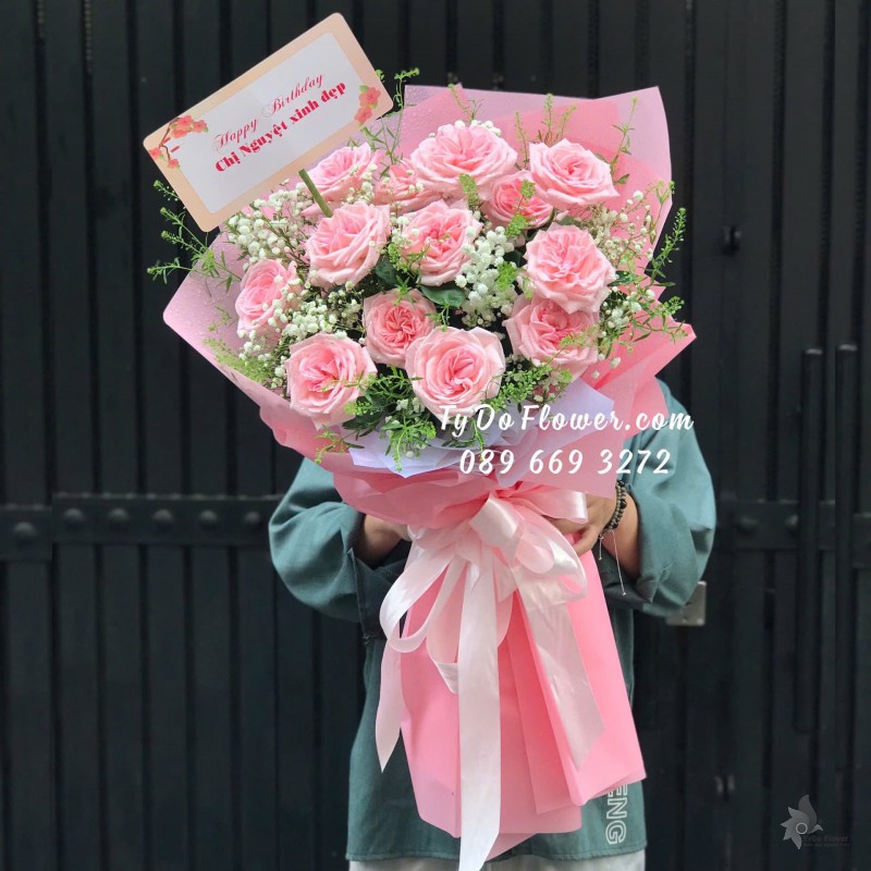 B08241771 BÓ HOA HAPPY BIRTHDAY thiết kế Hoa Hồng Pink Ohara Roses