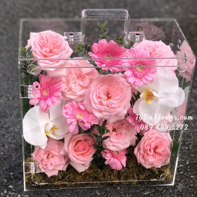 G09241889 HỘP QUÀ HOA TƯƠI CAO CẤP Thiết Kế Giỏ Mica, chủ đạo Hoa Hồng Pink Ohara Roses