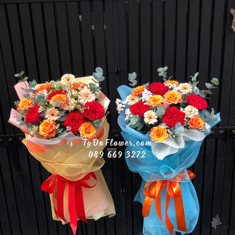 B10241936 Đặt từ 02 BÓ HOA CHÚC MỪNG Thiết kế Hoa Hồng Ohara Red Roses, Cam Spirit Roses