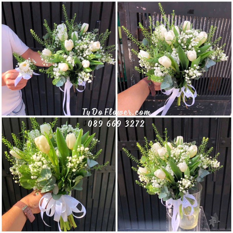 B10241984 Hoa Cưới Cầm Tay Cô Dâu thiết kế Hoa Tulip Trắng