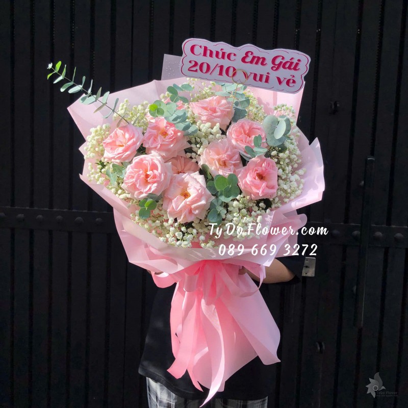 B10241993 BÓ HOA CHÚC MỪNG EM GÁI NGÀY PHỤ NỮ VN 20-10 thiết kế Hoa Hồng Pink Ohara Rose