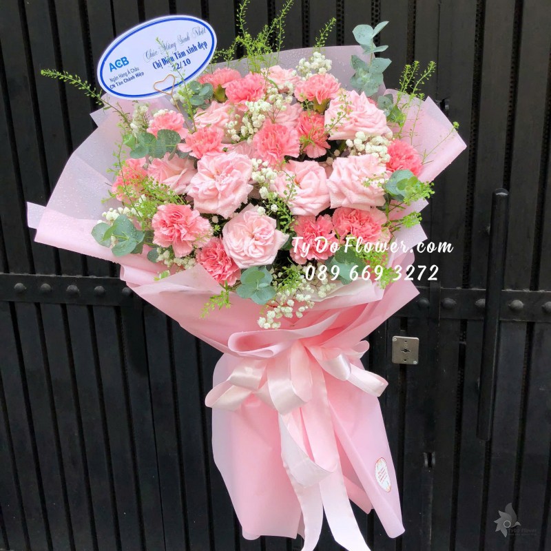 B10242039 BÓ HOA CHÚC MỪNG SINH NHẬT thiết kế Hoa Hồng Pink Ohara Rose