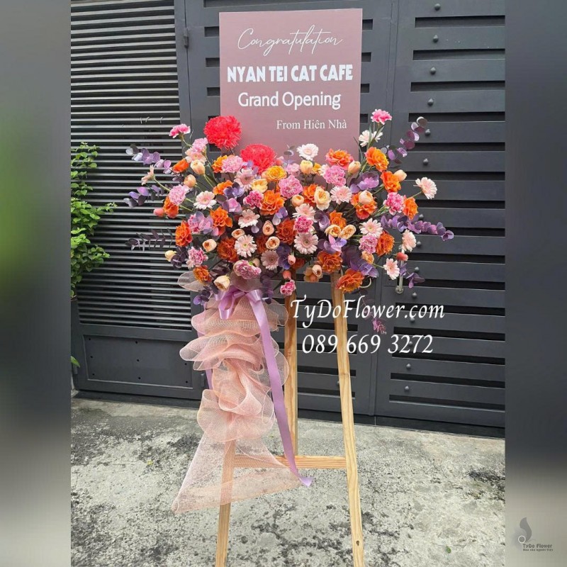 KCM0725502 KỆ HOA CHÚC MỪNG KHAI TRƯƠNG GRAND OPENING Thiết kế Hoa hồng, cúc mẫu đơn, đồng tiền mini