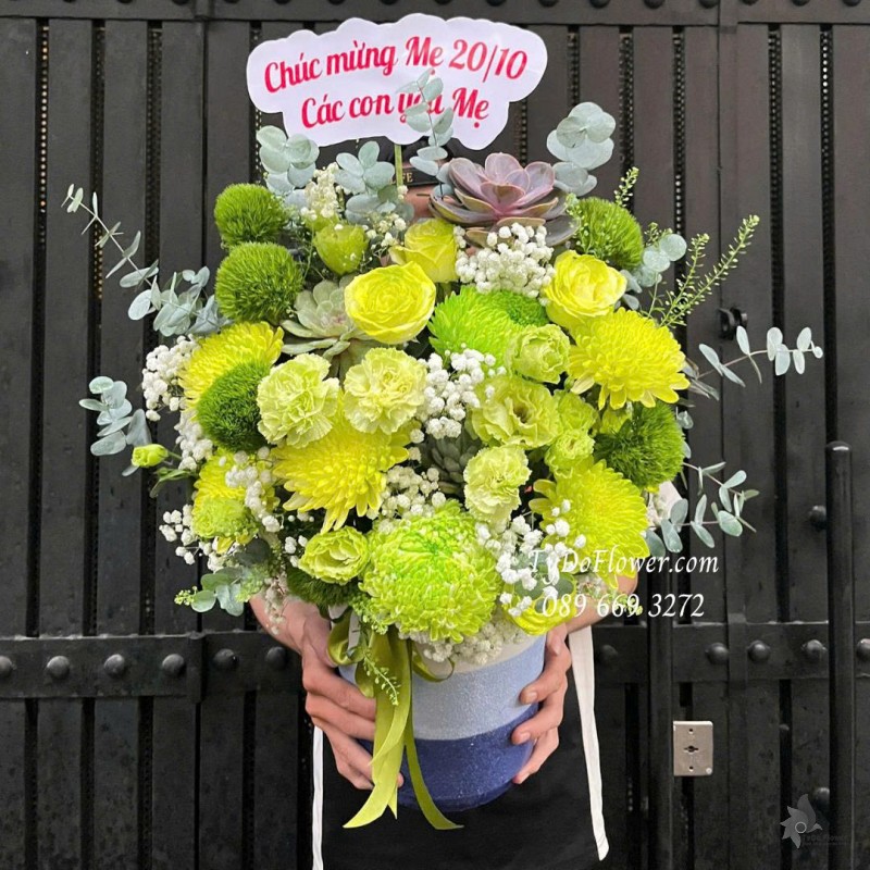 G1025816 GIỎ HOA CHÚC MỪNG Thiết kế gam màu xanh cốm, Cúc mẫu đơn, wicky, cát tường, phăng, hoa hồng, sen đá