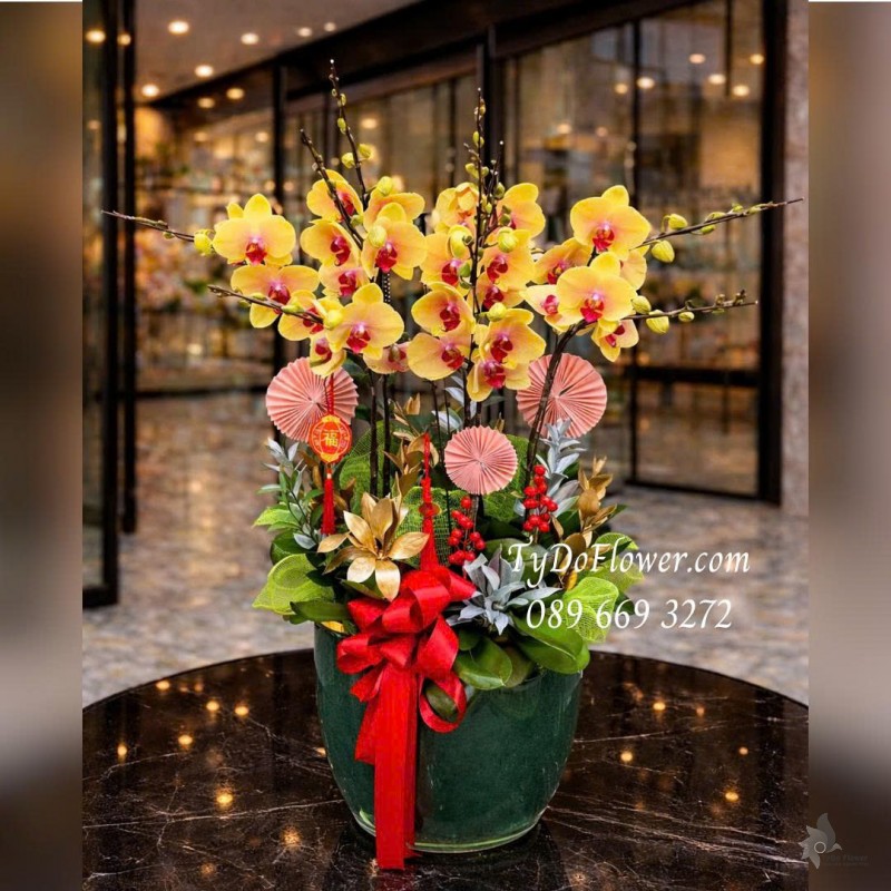 L0126005 CHẬU 09 CÀNH LAN HỒ ĐIỆP VÀNG Thiết kế phụ kiện trang trí cao cấp chủ đề Tết Chúc Mừng Năm Mới