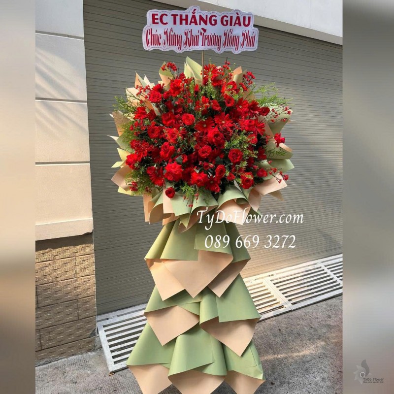 KCM0126020 KỆ HOA CHÚC MỪNG KHAI TRƯƠNG HỒNG PHÁT Thiết kế hoa hồng, đồng tiền, thanh liễu