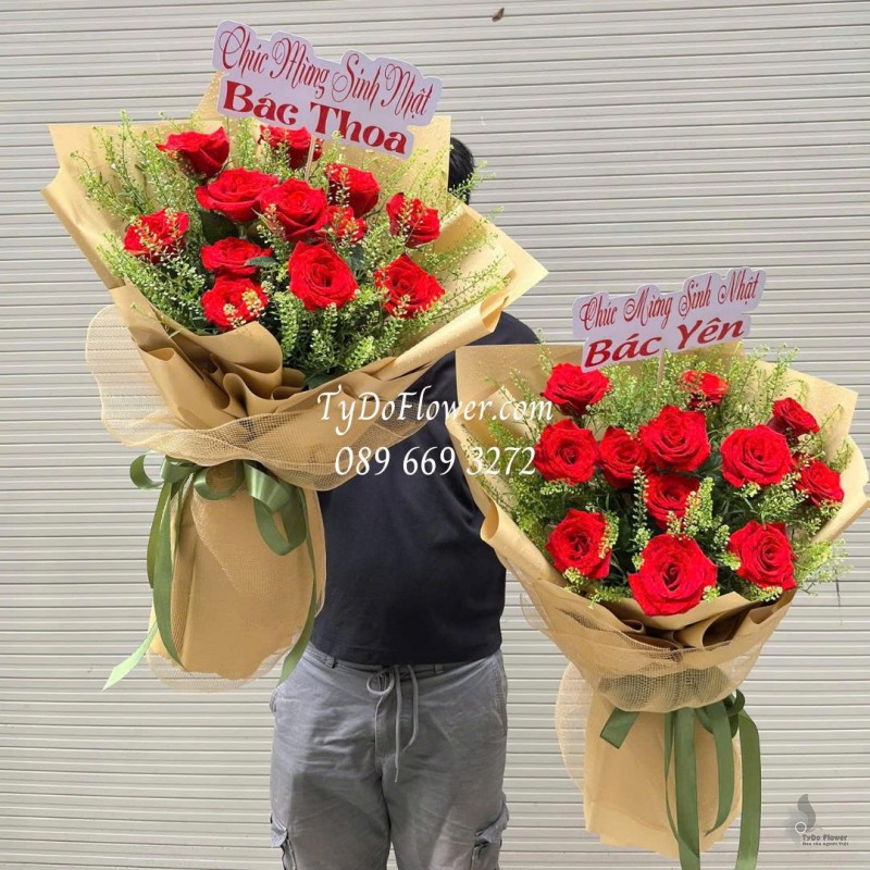 B0126045 ĐẶT TỪ 02 BÓ Hoa Chúc Mừng Sinh Nhật thiết kế Hoa Hồng Đỏ