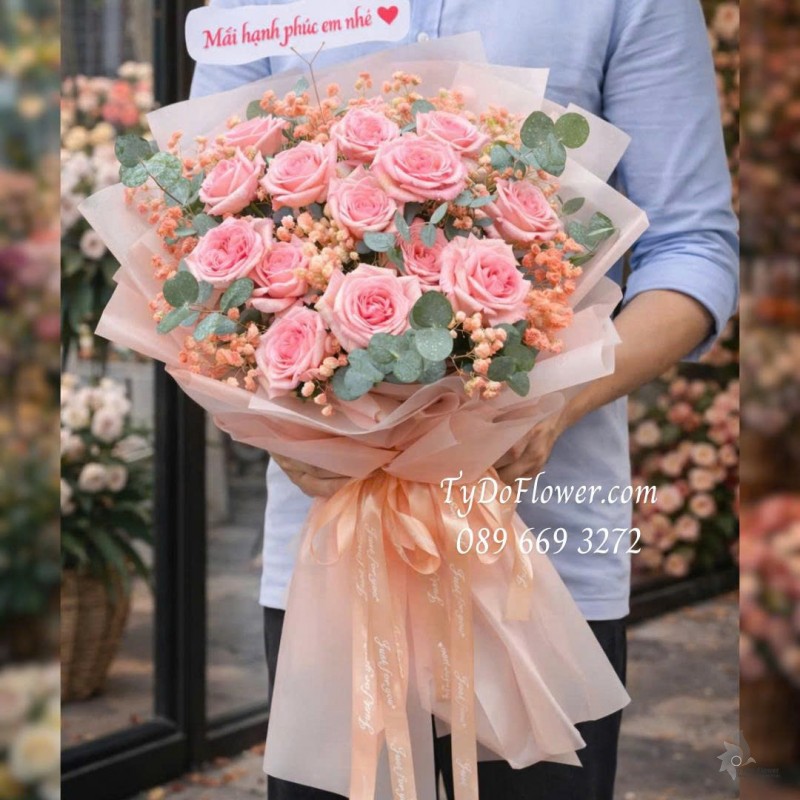 B0126057 Bó Hoa Hồng Pink Ohara Rose Chúc Em Hạnh Phúc