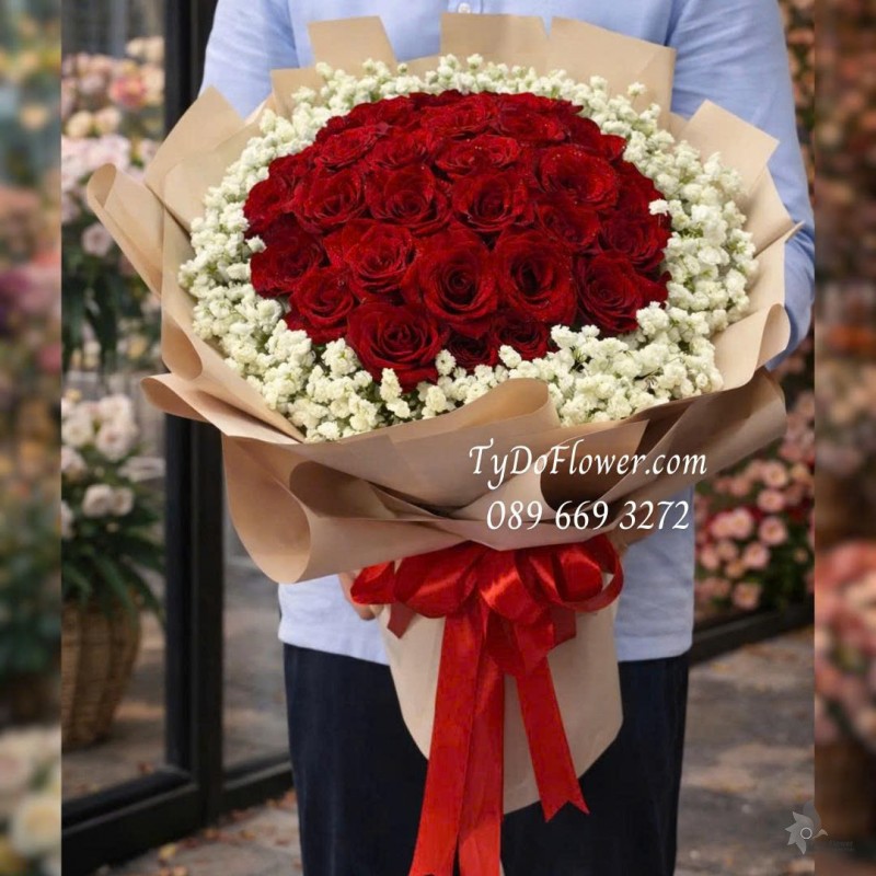 B0126060 Bó Hoa Hồng Đỏ Ecuador, Baby Trắng