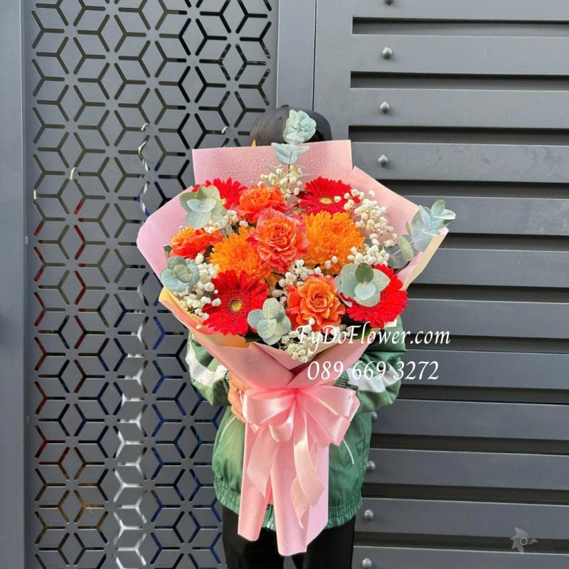 B0226142 ĐẶT TỪ 03 BÓ HOA ĐỎ CAM Thiết kế hoa hồng, cúc, đồng tiền