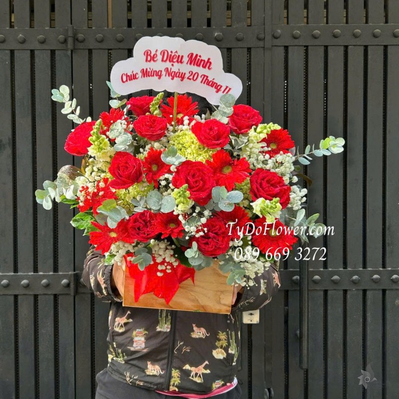 G0226150 GIỎ HOA CHÚC MỪNG NGÀY 20-11 Thiết kế hoa hồng đỏ Ohara, đồng tiền, cẩm tú cầu, mõm sói