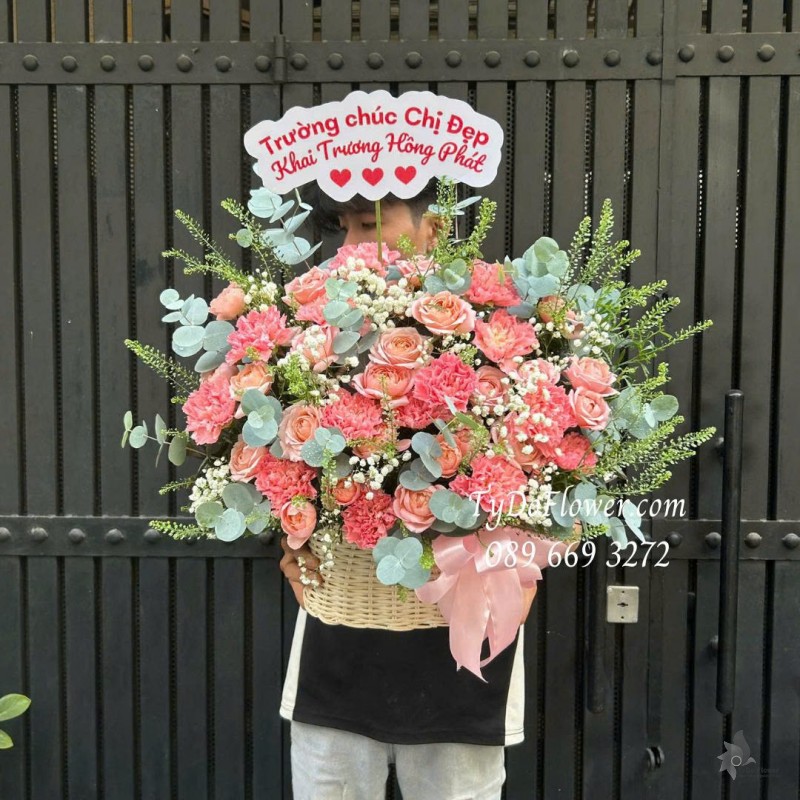 G0226163 GIỎ HOA CHÚC MỪNG KHAI TRƯƠNG HỒNG PHÁT Thiết kế hoa hồng Mondial. phăng hồng